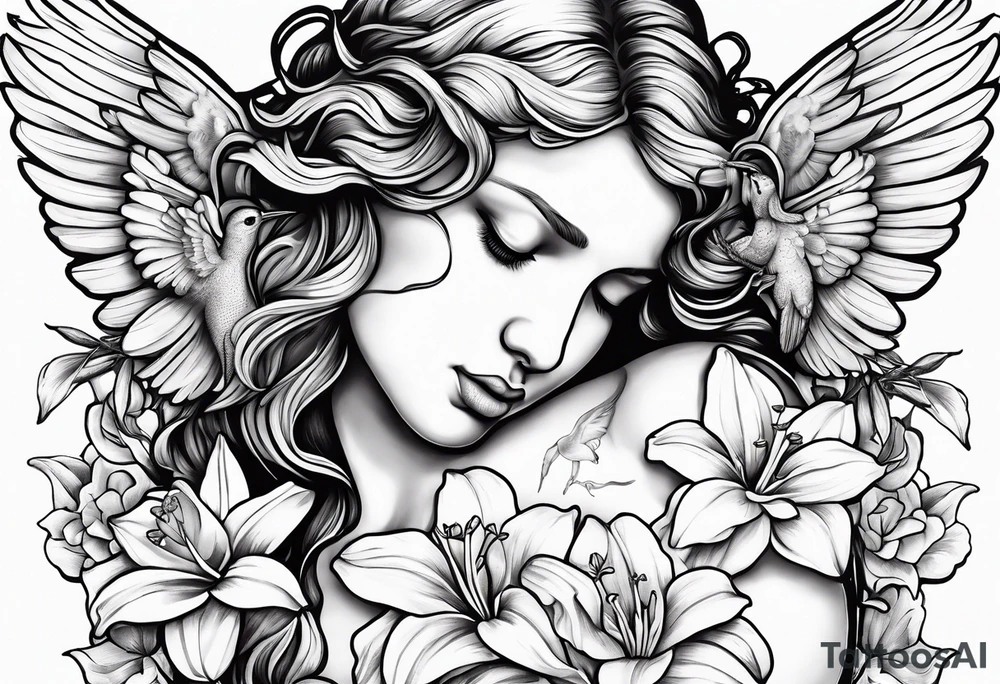 crying angel with head tilted down surrounded by lily, daffodil, rose, daisy, narcissus holding a hummingbird tattoo idea