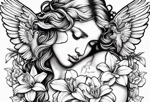crying angel with head tilted down surrounded by lily, daffodil, rose, daisy, narcissus holding a hummingbird tattoo idea