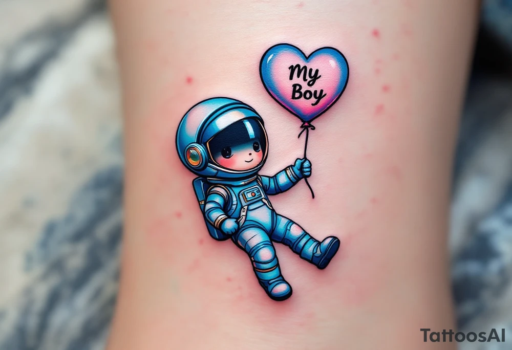 A cheeky little astronaut in a blue and silver suit, floating with a balloon shaped like a heart labeled “My Boy.” tattoo idea