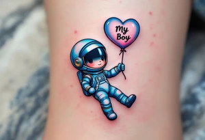 A cheeky little astronaut in a blue and silver suit, floating with a balloon shaped like a heart labeled “My Boy.” tattoo idea