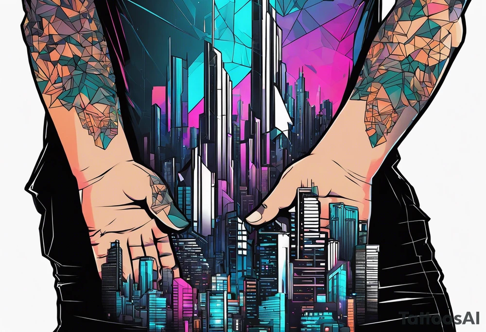 cyberpunk 2077, hand tattoo, geometric, subtle, men, city skyline tattoo idea
