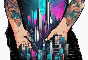 cyberpunk 2077, hand tattoo, geometric, subtle, men, city skyline tattoo idea