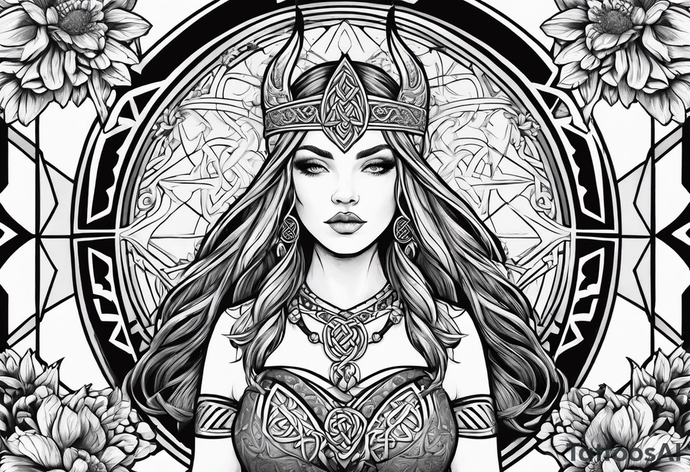Viking goddess, axes, moonlight, flowers, Celtic, bedroom eyes tattoo idea
