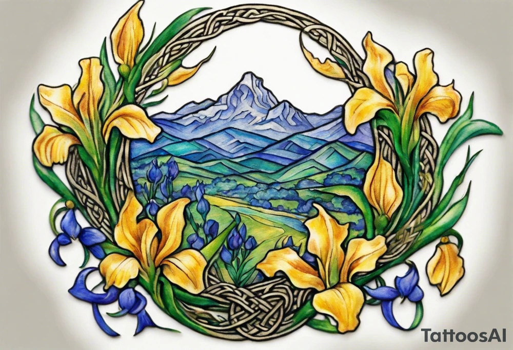 Create a small, colorful Vincent van Gogh Irises tattoo in the form of a crescent, with vines in Celtic knot style gracefully intertwining at a central point in the middle of the wreath. The intended placement is on the upper chest. The middle needs mountains. The overall design should be small in size while maintaining a delicate and artistic aesthetic. Pay attention to the graceful flow of the vines and the placement of the irises to achieve a refined and elegant look. tattoo idea