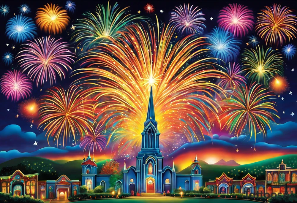Fireworks burst across the night sky, surrounded by glowing candles and stars, capturing the magic and nostalgia of Colombian December nights. The scene is vibrant with multi-colored lights and an air of celebration. Soft linework mist or halos around the fireworks adds a magical, dreamy quality to the scene. The tattoo reflects joy and tradition, with an emphasis on warmth and festivity. tattoo idea
