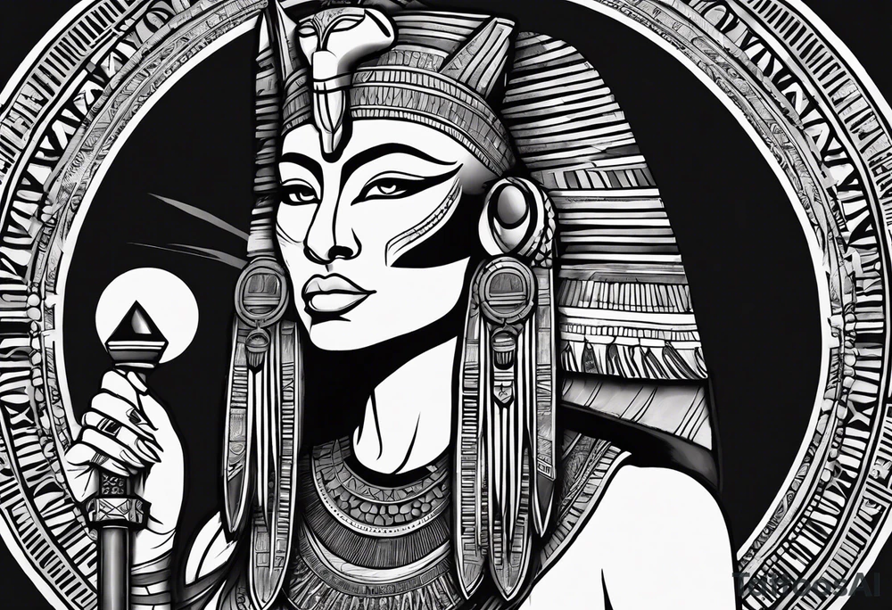 Ancient Egyptian goddess sekhmet, lioness head with black sun disk behind and woman's body. She looks straight ahead and ready for battle looking fearless and powerful holding an ankh in one hand and a papyrus sceptre in another, she has long hair flowing tattoo idea