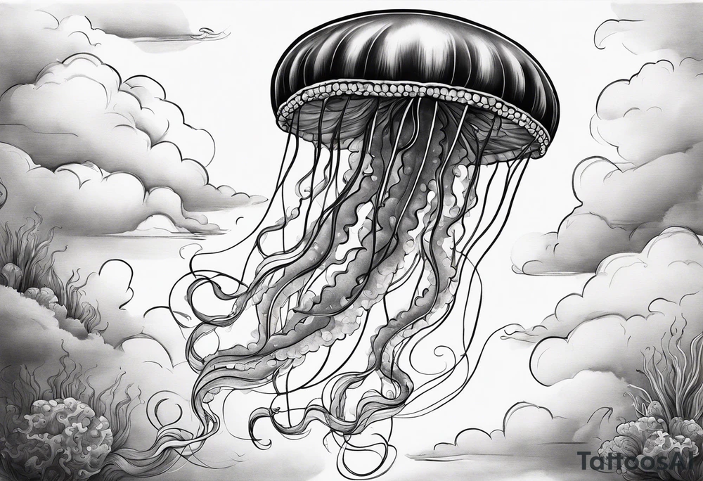 jellyfish with a small head and really long tentacles. Add clouds behind it like it’s floating in the sky tattoo idea