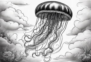 jellyfish with a small head and really long tentacles. Add clouds behind it like it’s floating in the sky tattoo idea