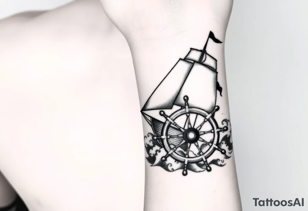 an old sail boat surrounded by big waves and then on the wrist it will be the steering wheel of the boat but the inside will be a compass. This tattoo will start at elbow and finish on the wrist tattoo idea
