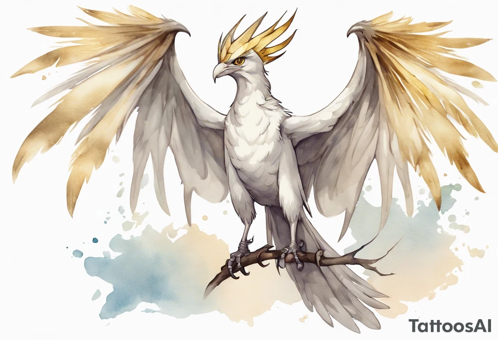 a watercolor of a white bird-wyvern hybrid wearing a plain crown, with light gold wing feathers tattoo idea