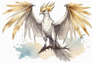 a watercolor of a white bird-wyvern hybrid wearing a plain crown, with light gold wing feathers tattoo idea