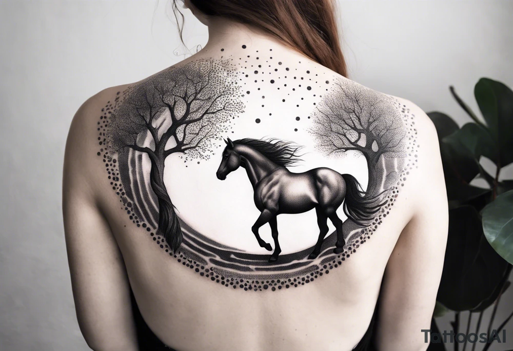 Realistic Horse and Yggdrasil tree tattoo idea