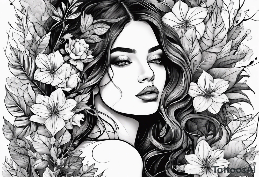 A woman, plants are growing around her, she has some wounds from the plants tattoo idea