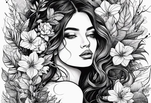 A woman, plants are growing around her, she has some wounds from the plants tattoo idea