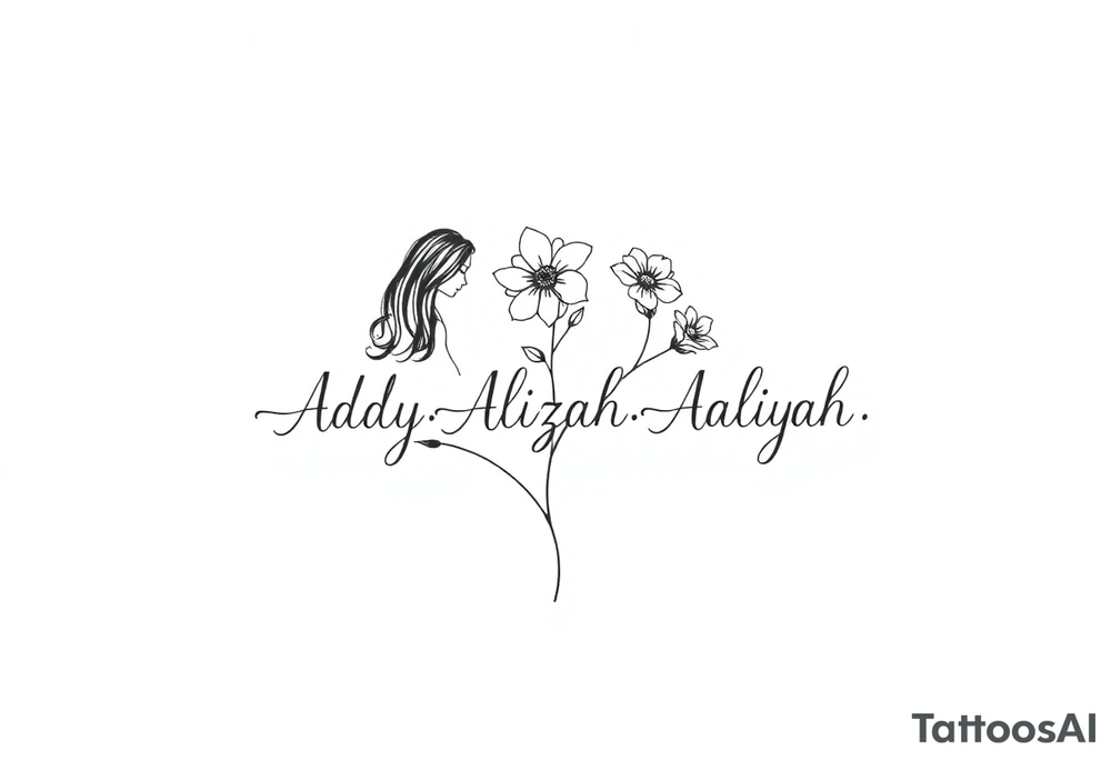 mother of 3 girls flowers stem curves name of Addy, Alizah, Aaliyah tattoo idea