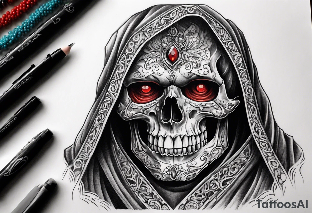 A skull in a robe. Red eyes, beads in hand tattoo idea