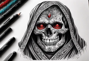 A skull in a robe. Red eyes, beads in hand tattoo idea