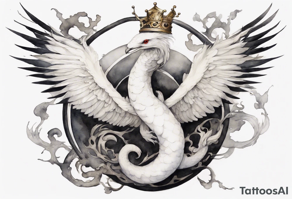 a watercolor of a white bird-serpent hybrid wearing an iron crown, flying tattoo idea