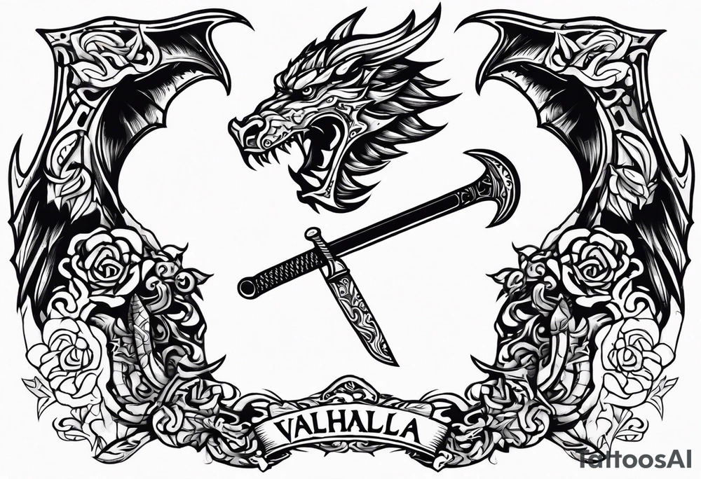 Valhalla death 
prayer sword dragon head axe tattoo idea