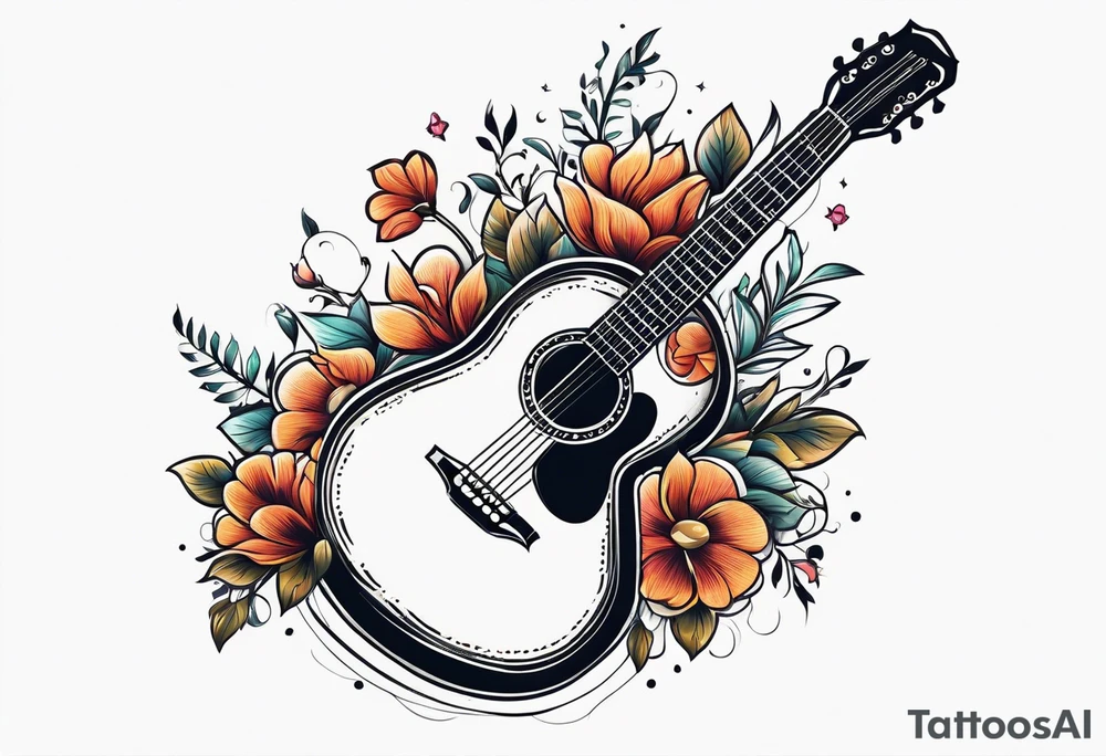 guitar with flowers simple design traditional vintage tattoo idea