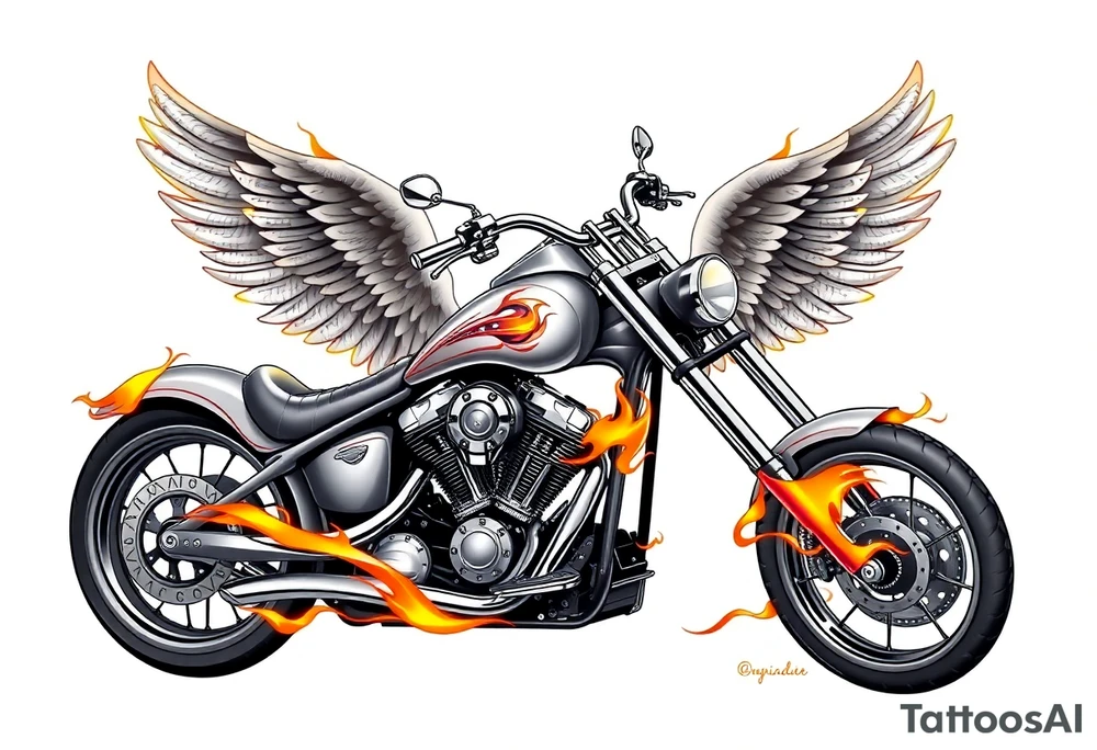 Low rider grey motorcycle, flames, angel wings tattoo idea