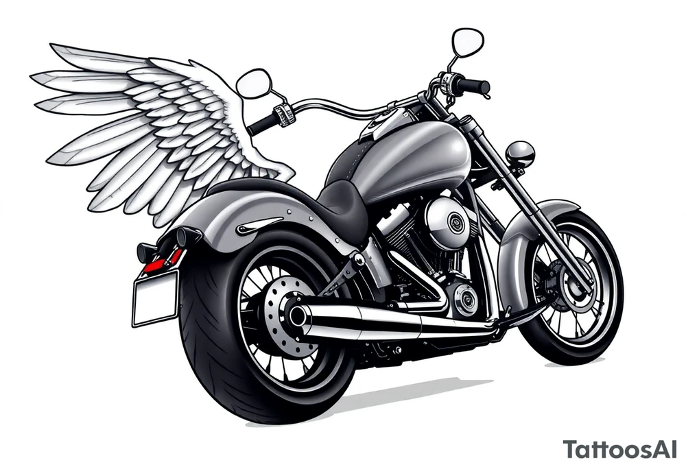Low rider grey motorcycle, big muffler pipes with flames, angel wings, driving away, no person tattoo idea