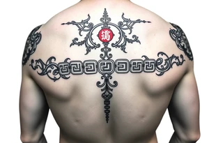 Tattoo line art, long thin band, Greek meander fusion with neo-tribal and Chinese elements, black and red, 10:1 ratio tattoo idea