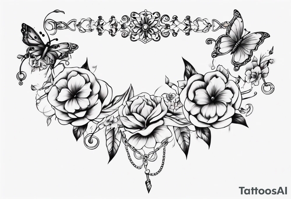 Ankle bracelet tattoo with ornamental style flowers and butterflies and larger in the centre tattoo idea