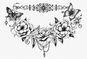 Ankle bracelet tattoo with ornamental style flowers and butterflies and larger in the centre tattoo idea