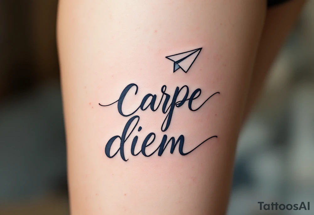 Flowing script in ink-wash gray "carpe diem", with a paper plane in pale blue flying above the phrase. tattoo idea
