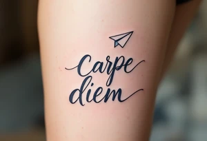 Flowing script in ink-wash gray "carpe diem", with a paper plane in pale blue flying above the phrase. tattoo idea