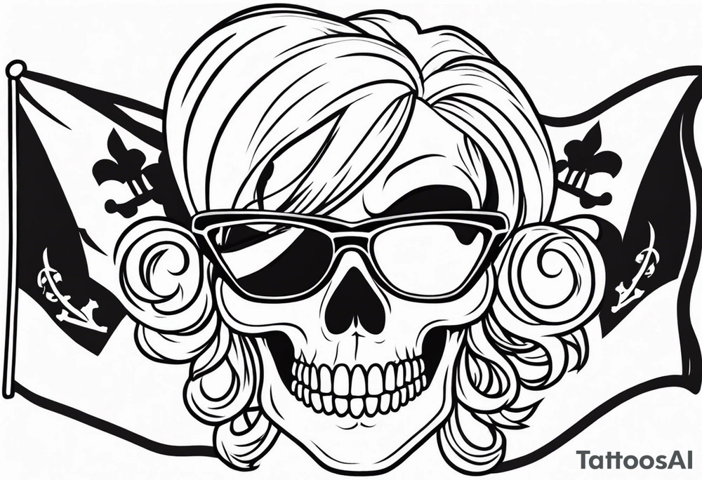 create a pirate flag with a feminine skull with two blonde pigtails and crossbones  wearing glasses. no hat tattoo idea