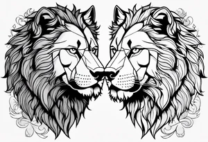 A wolf and a lion facing each other, representing strength and love tattoo idea