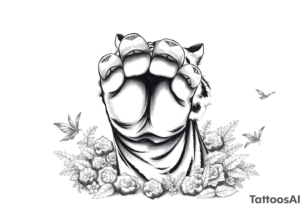 A tiger's powerful front paw emerging from dense jungle foliage, detailed moss. tattoo idea