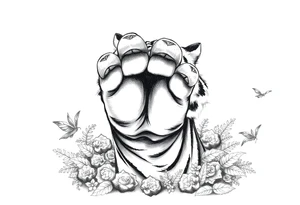 A tiger's powerful front paw emerging from dense jungle foliage, detailed moss. tattoo idea