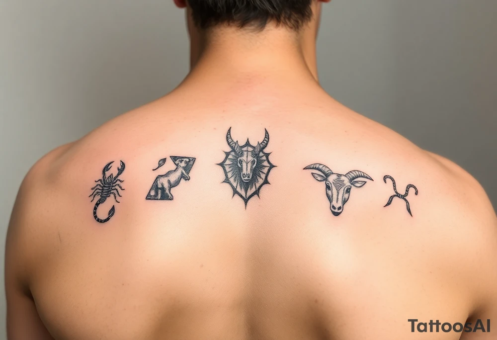 Back piece artistic water color constellations for family members: Scorpio (x2) Taurus, Aries (x2), leo tattoo idea