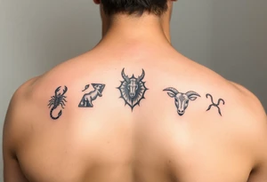 Back piece artistic water color constellations for family members: Scorpio (x2) Taurus, Aries (x2), leo tattoo idea