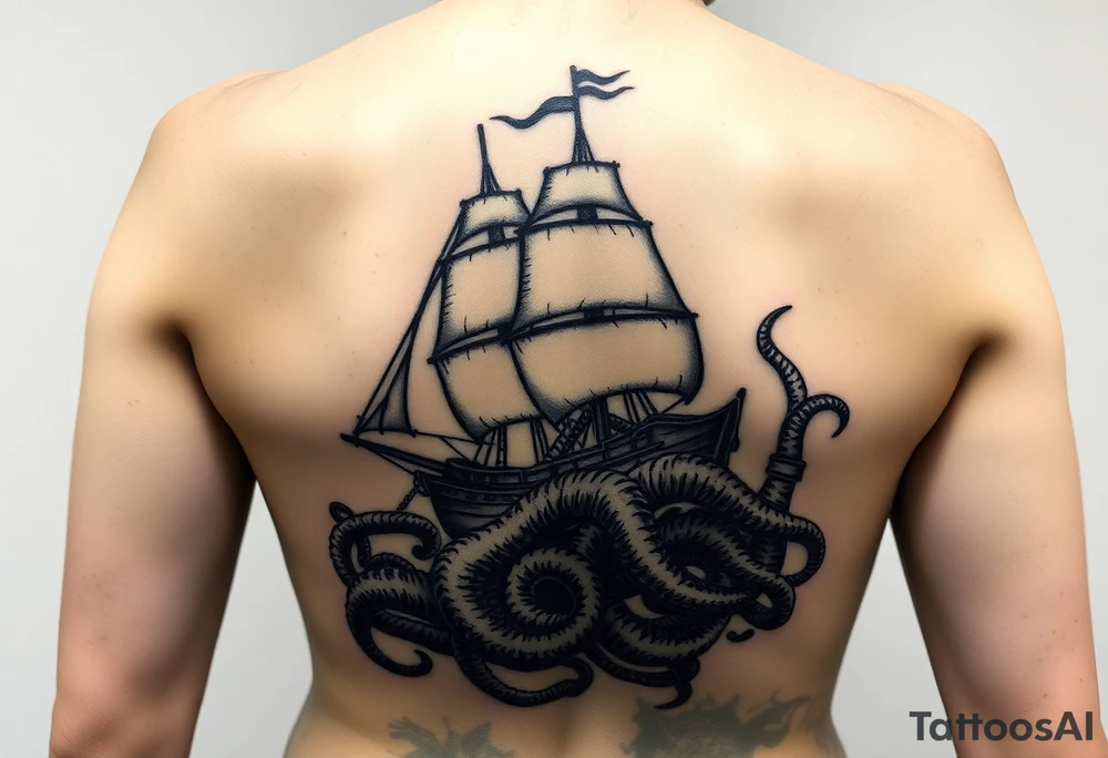 Vertical female side and hip tattoo pirate ship getting sunk by the kraken tattoo idea