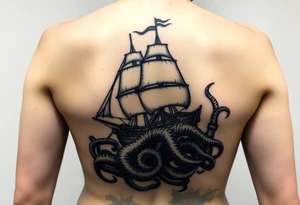 Vertical female side and hip tattoo pirate ship getting sunk by the kraken tattoo idea