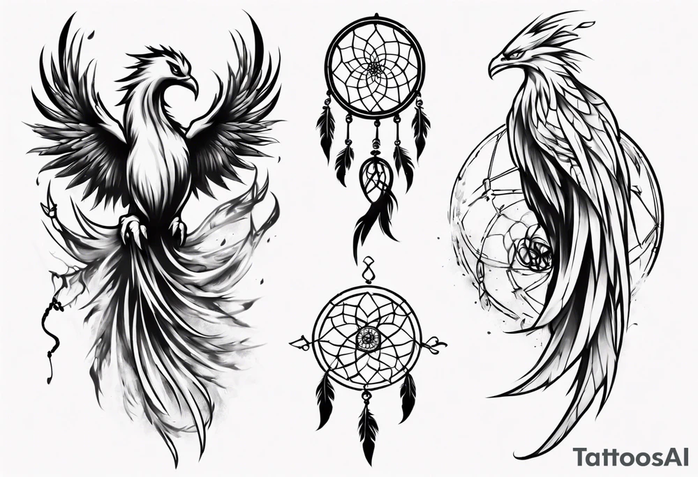 Vertical screaming Phoenix with dream catcher tail tattoo idea