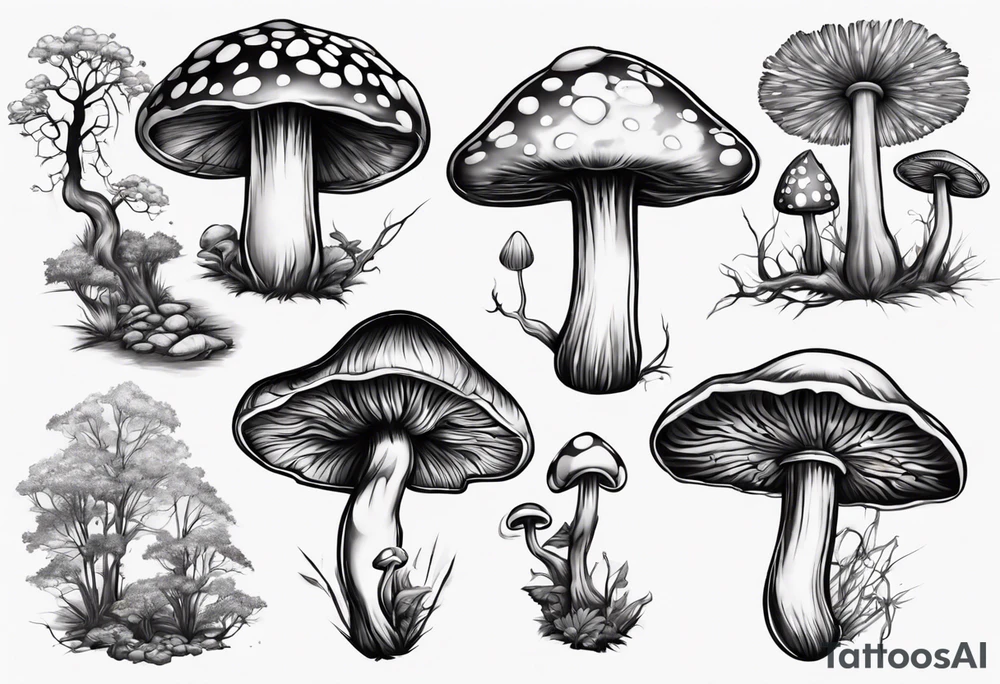 Magic mushroom growing form under a tree tattoo idea
