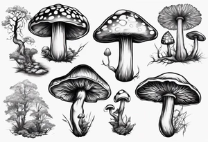 Magic mushroom growing form under a tree tattoo idea