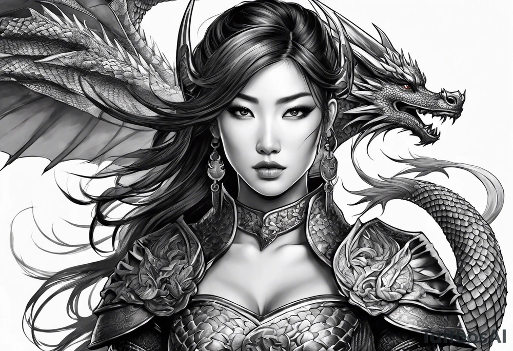 beautiful warrior woman wearing dragon armor and a dragon flying tattoo idea