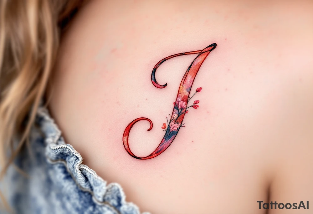 Soft watercolor "J" in blended hues of coral, peach, and rose pink. tattoo idea