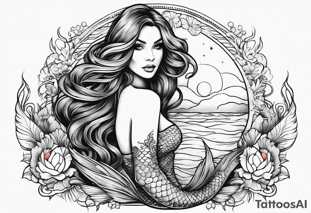 mermaid in line art american tattoo vintage style full body tattoo idea