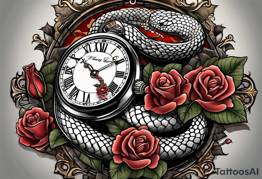 Powerful King cobra wrapped around an old broken watch clock with dead roses all around in the background tattoo idea