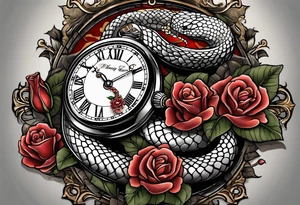 Powerful King cobra wrapped around an old broken watch clock with dead roses all around in the background tattoo idea