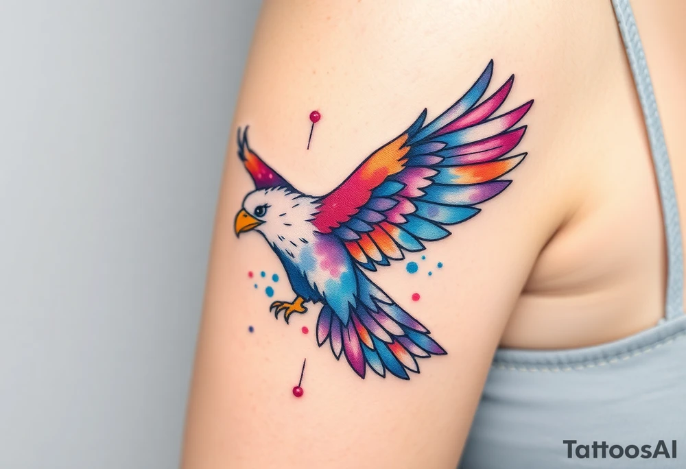 A watercolor eagle with splashes of deep blues, purples, and oranges, blending into a dreamlike sky tattoo idea