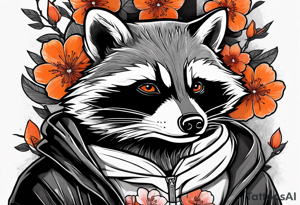 Raccoon wearing a white Superman logo on a black hoodie and orange Japanese cherry blossoms beside tattoo idea