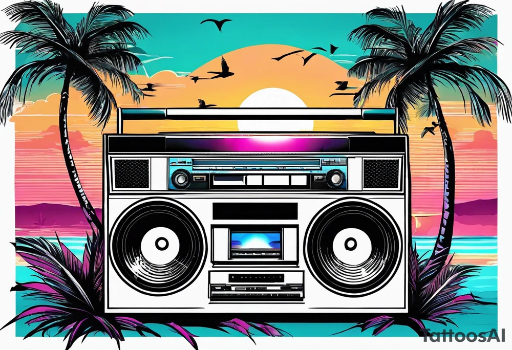 1980'S BOOM BOX MIAMI VICE STYLE, BEACH SUNSET, PALM TREES, MUSIC NOTES tattoo idea